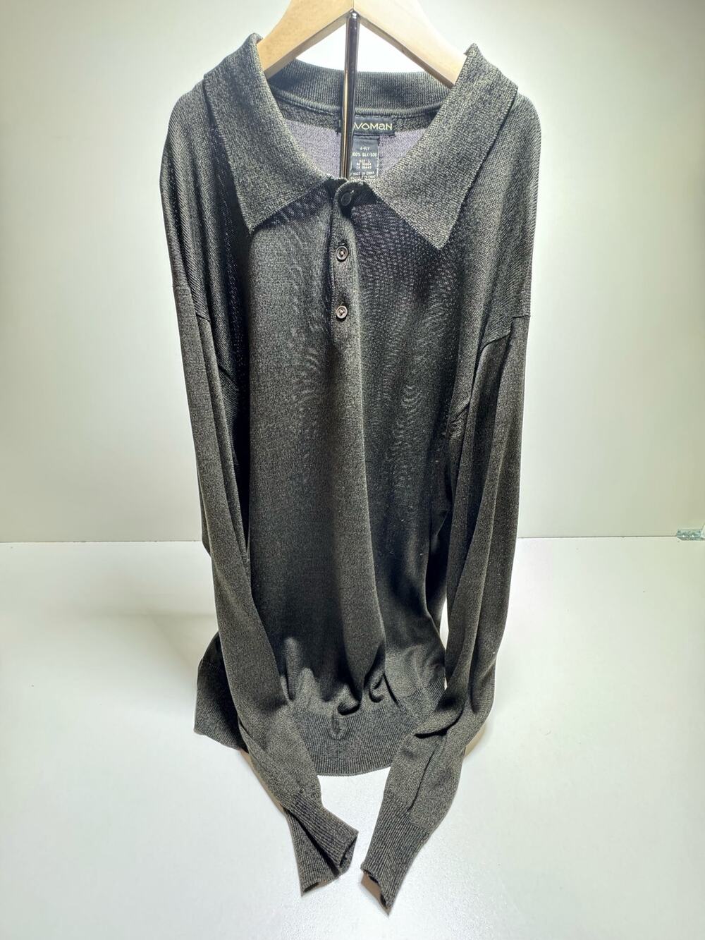 Kevoman 100% Silk 4-Ply Long Sleeve Collared Polo Knit Sweater Black Sz Large